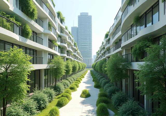 Green city planning with modern architecture.